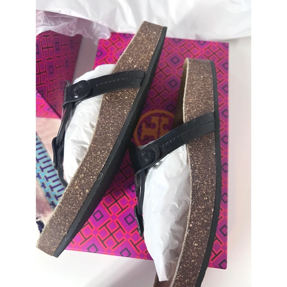 Tory Burch Miller Cloud Sandals Black Patent Leather Cork Size 6.5‎